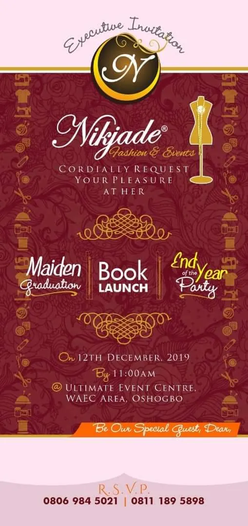 Executive invitation to the Nikjade maiden graduation, book launch and end-of-year party on 12 December 2019