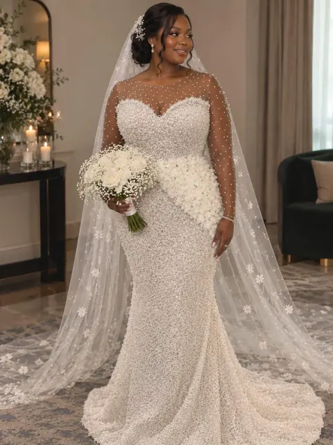 The finished pearl and sequin mermaid gown with floral sash